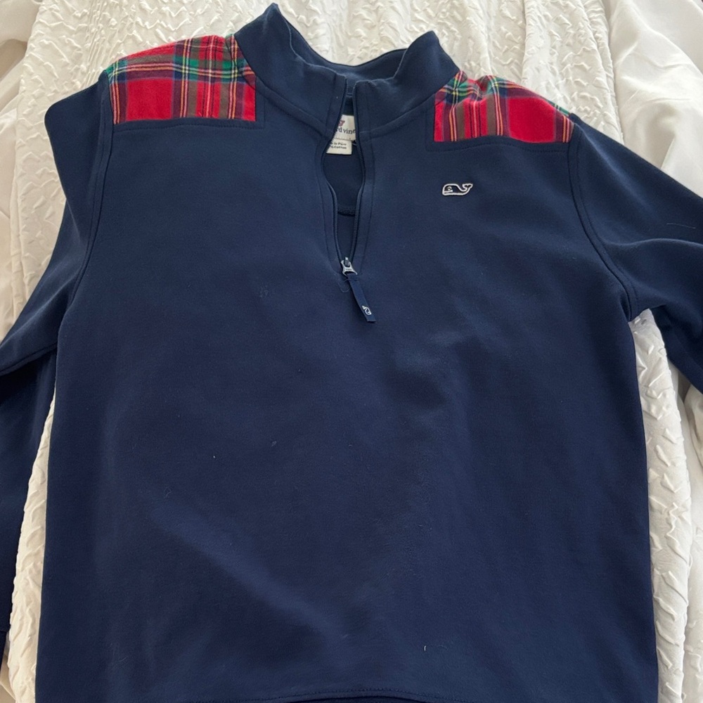 Vineyard Vines Navy Quarter-Zip with Red Plaid Shoulders
